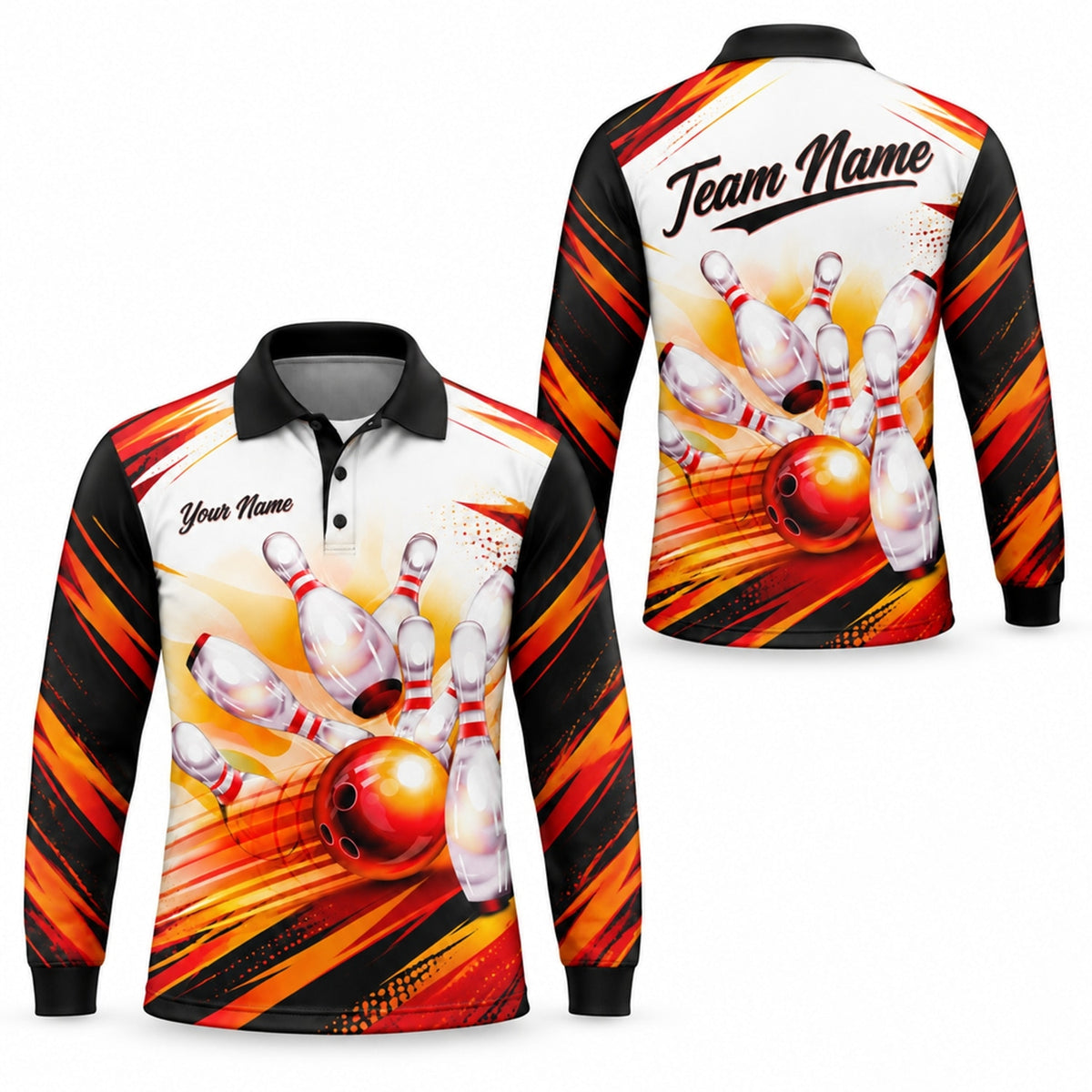Flaming Bowling Strike Sport Custom Bowling Polo Shirt Long Sleeve Polo