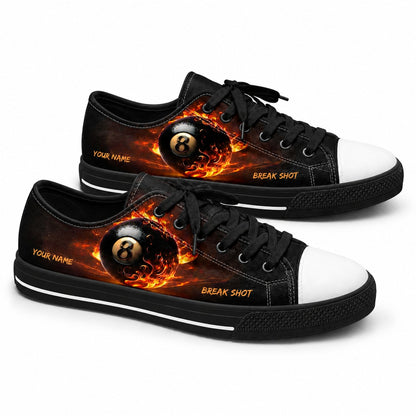 Flaming Break Shot Eight Ball Graphic Personalized Low Top Shoes Black Shoes