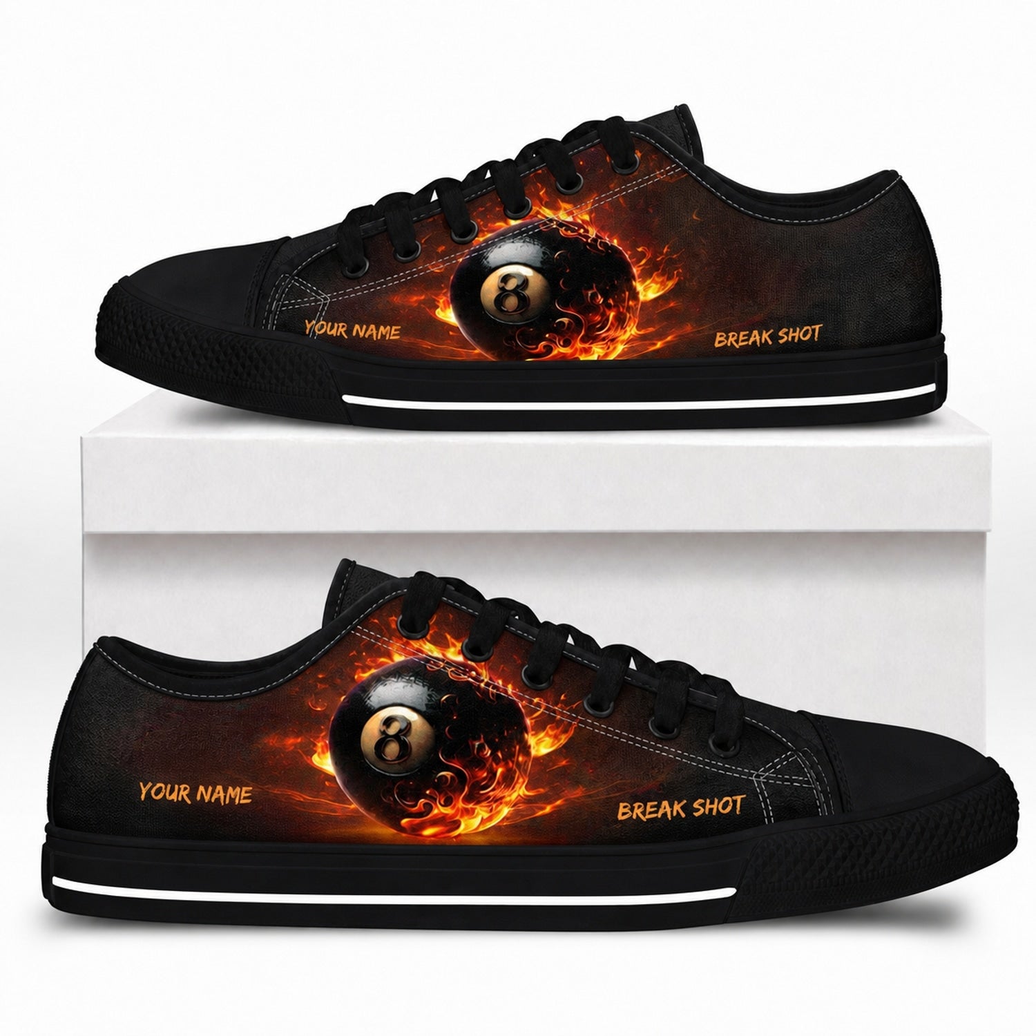 Flaming Break Shot Eight Ball Graphic Personalized Low Top Shoes Box Black