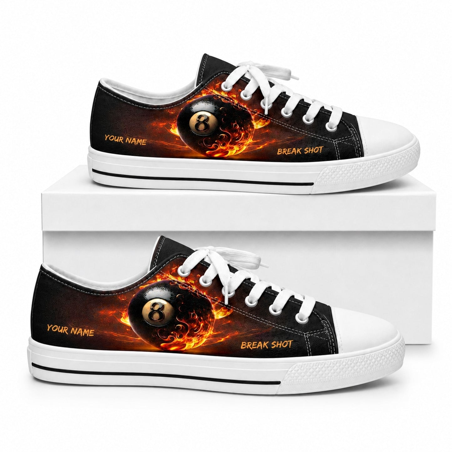 Flaming Break Shot Eight Ball Graphic Personalized Low Top Shoes Box White
