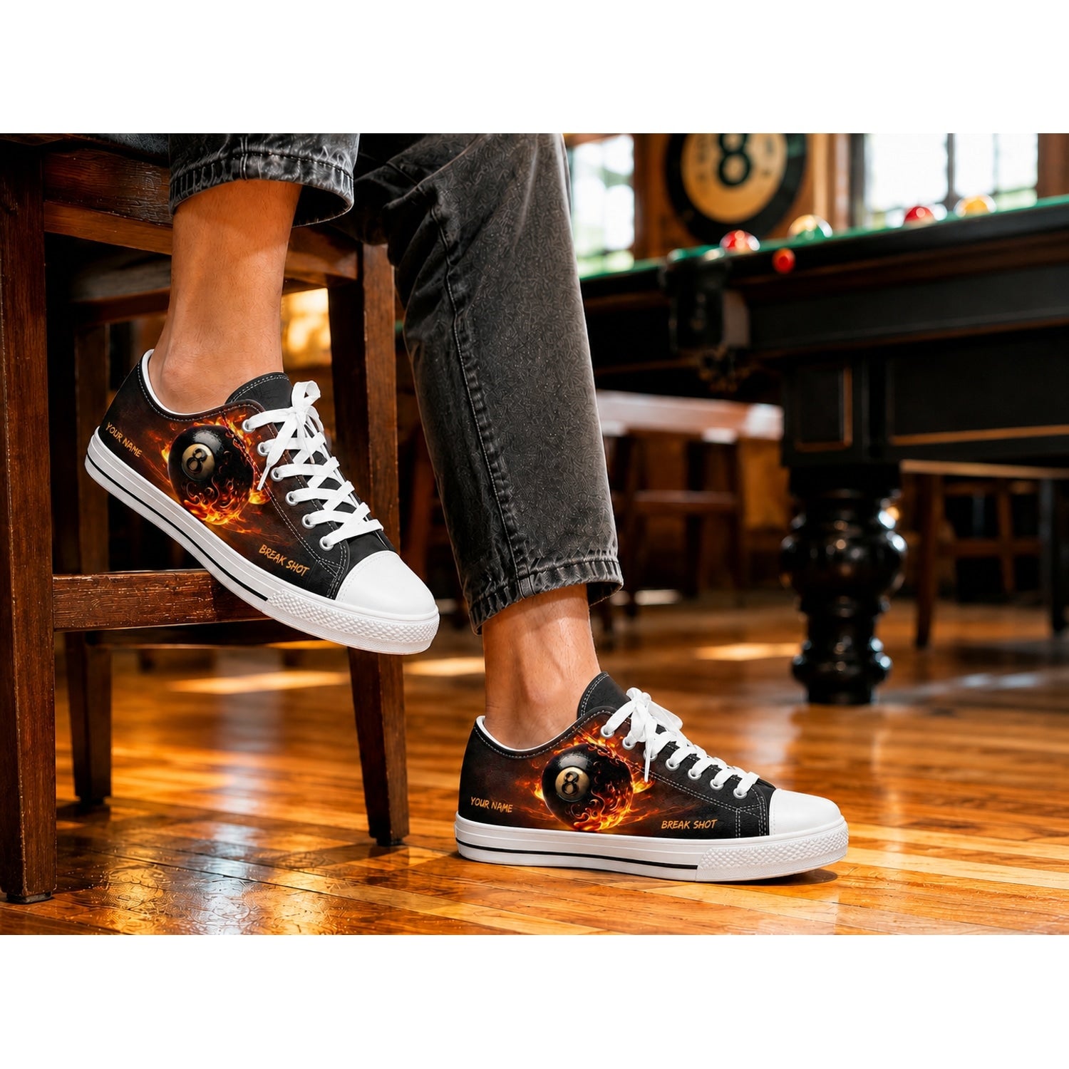 Flaming Break Shot Eight Ball Graphic Personalized Low Top Shoes Life Style