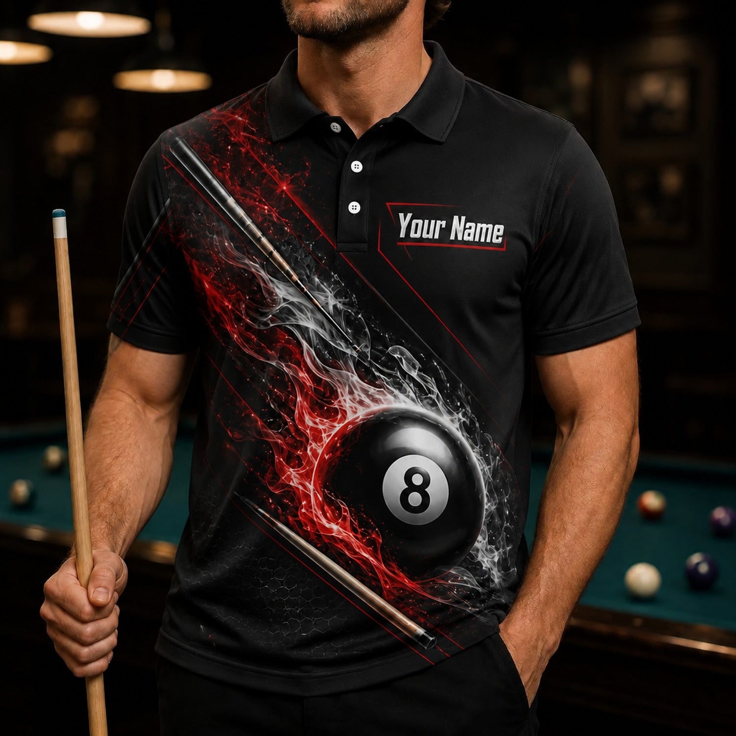 Flaming Eight Ball Graphic Custom Billiard Polo Shirt Front View