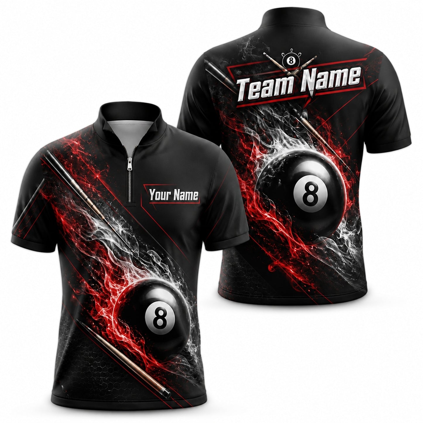 Flaming Eight Ball Graphic Custom Billiard Polo Shirt Jersey Zip 1 4 Collar