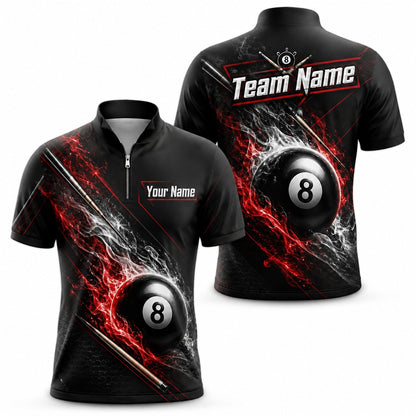 Flaming Eight Ball Graphic Custom Billiard Polo Shirt Jersey Zip 1 4 Collar