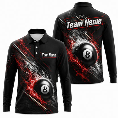Flaming Eight Ball Graphic Custom Billiard Polo Shirt Long Sleeve Polo