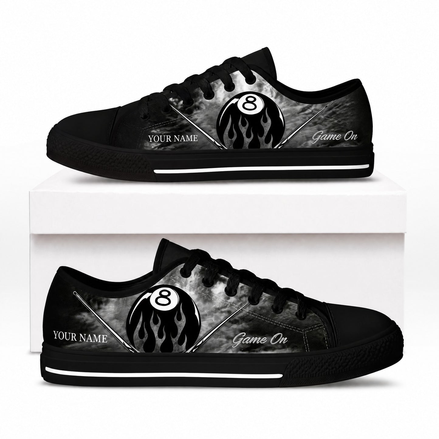 Flaming Eight Ball Graphic Personalized Low Top Shoes Box Black