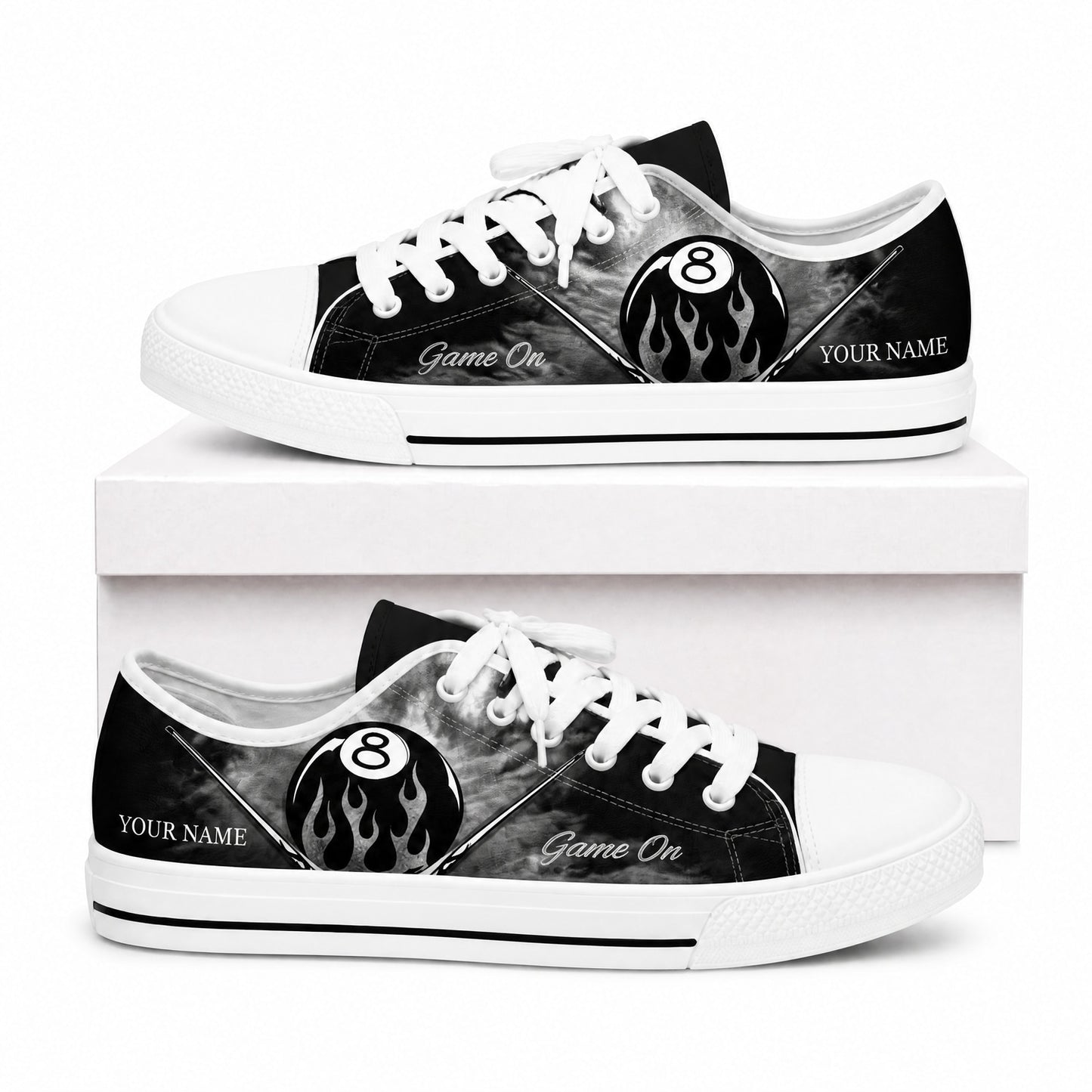 Flaming Eight Ball Graphic Personalized Low Top Shoes Box White