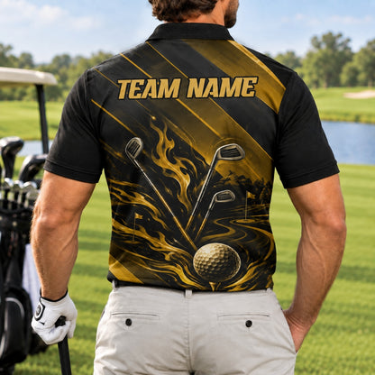 Flaming Golf Ball And Clubs Graphic Personalized Golf Polo Shirt Back View