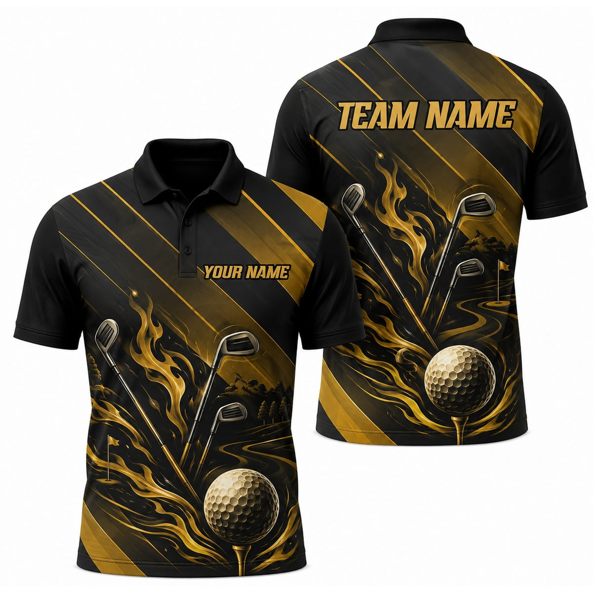 Flaming Golf Ball And Clubs Graphic Personalized Golf Polo Shirt
