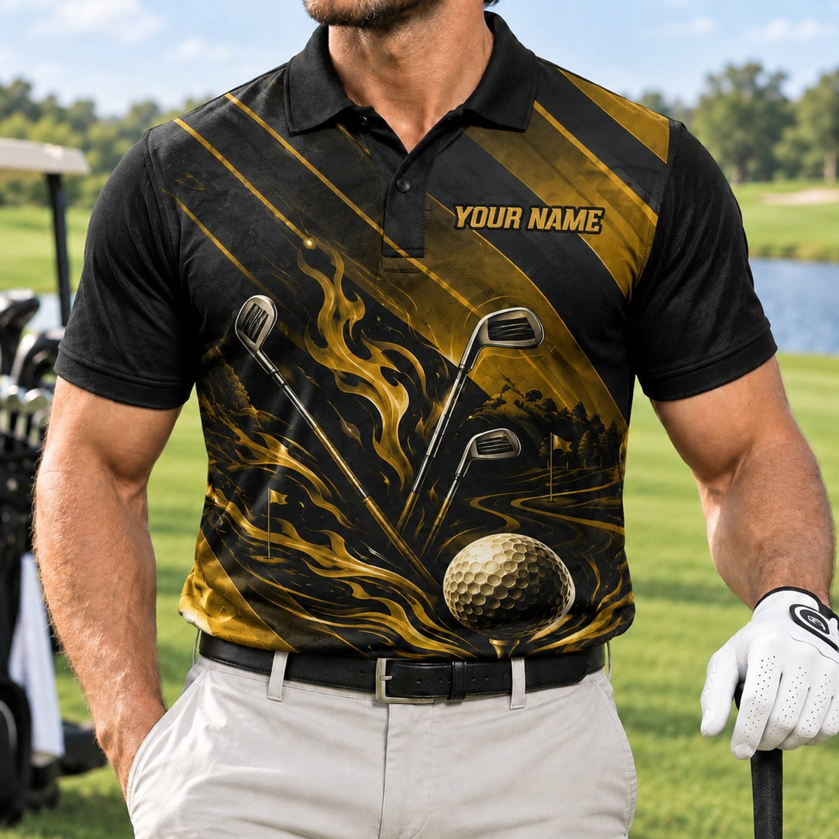 Flaming Golf Ball And Clubs Graphic Personalized Golf Polo Shirt Front View