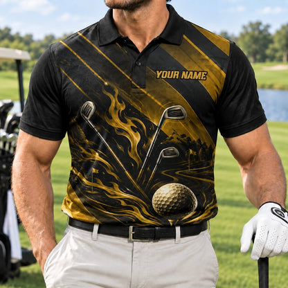 Flaming Golf Ball And Clubs Graphic Personalized Golf Polo Shirt Front View