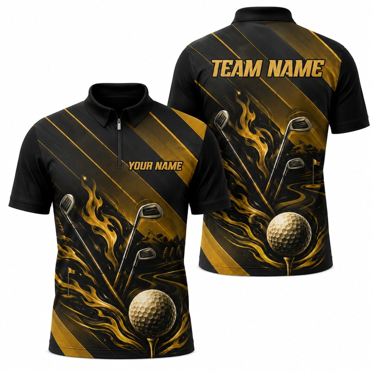 Flaming Golf Ball And Clubs Graphic Personalized Golf Polo Shirt Jersey Zip 1 4 Collar