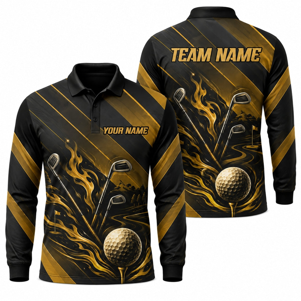 Flaming Golf Ball And Clubs Graphic Personalized Golf Polo Shirt Long Sleeve Polo