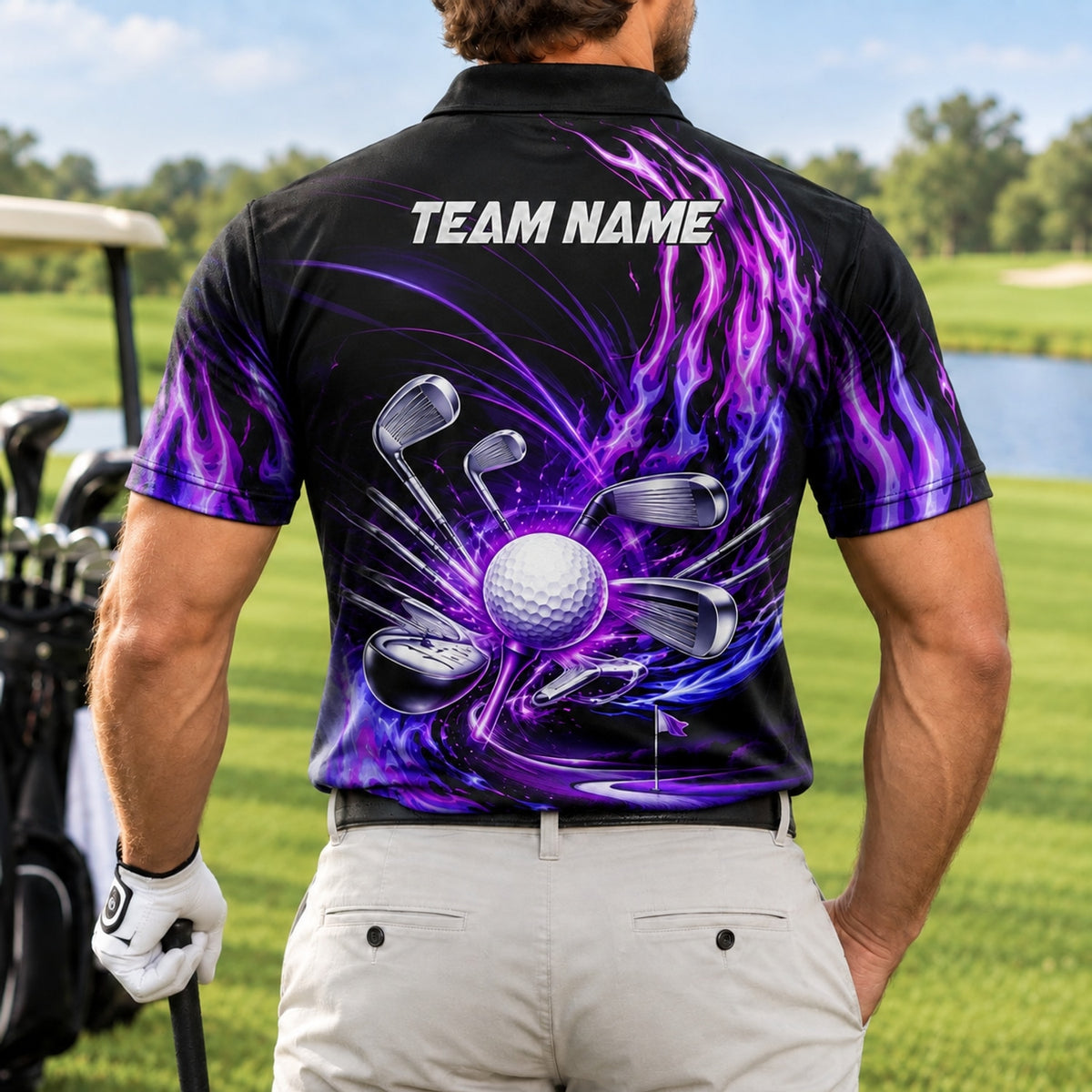 Flaming Golf Ball and Clubs Sport Personalized Golf Polo Shirt Back View