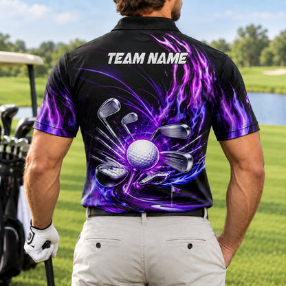 Flaming Golf Ball and Clubs Sport Personalized Golf Polo Shirt Back View