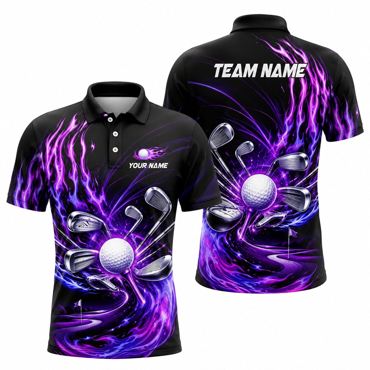 Flaming Golf Ball and Clubs Sport Personalized Golf Polo Shirt