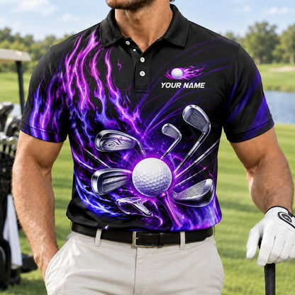 Flaming Golf Ball and Clubs Sport Personalized Golf Polo Shirt Front View