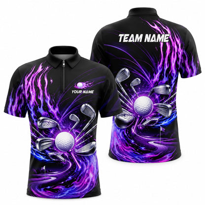Flaming Golf Ball and Clubs Sport Personalized Golf Polo Shirt Jersey Zip 1 4 Collar