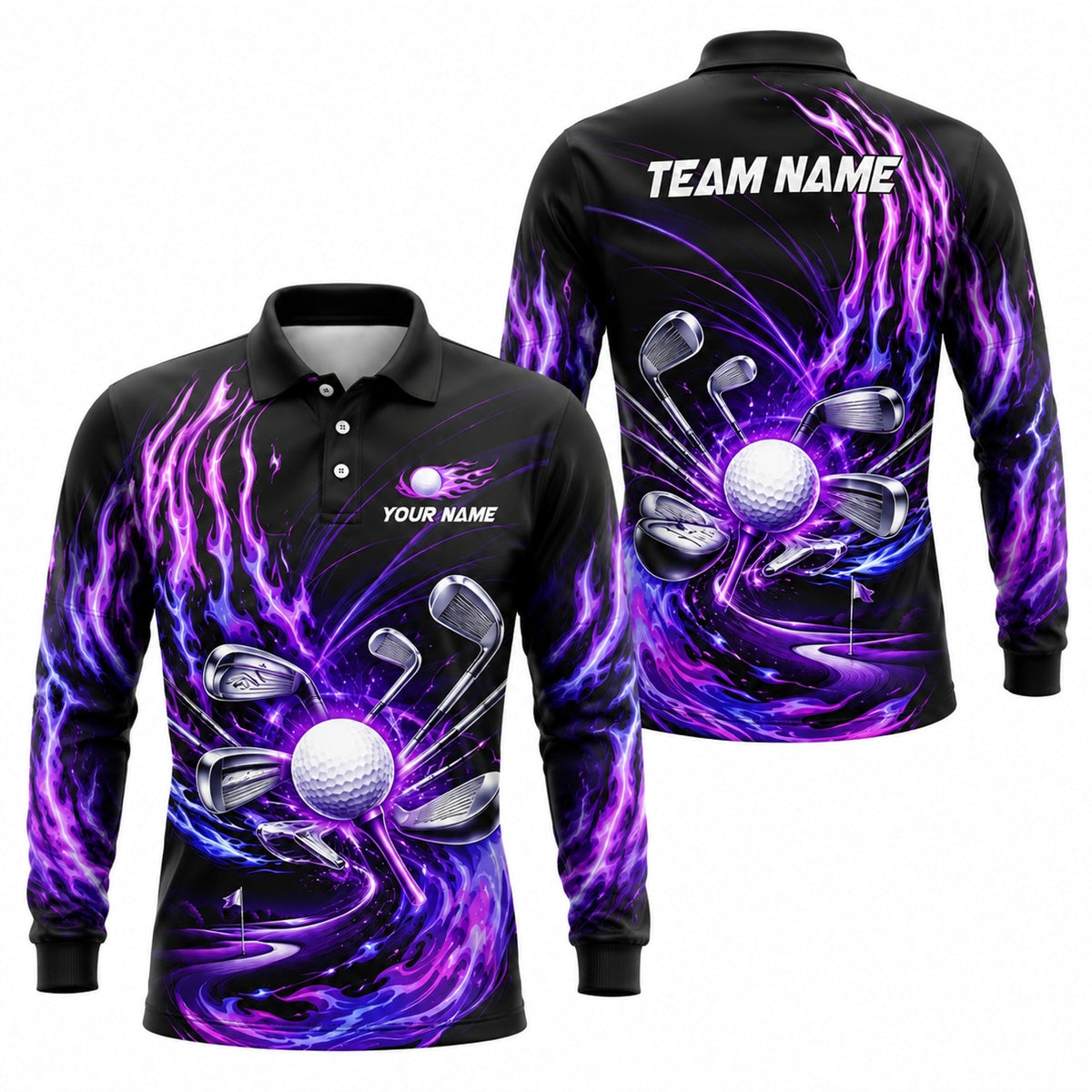 Flaming Golf Ball and Clubs Sport Personalized Golf Polo Shirt Long Sleeve Polo