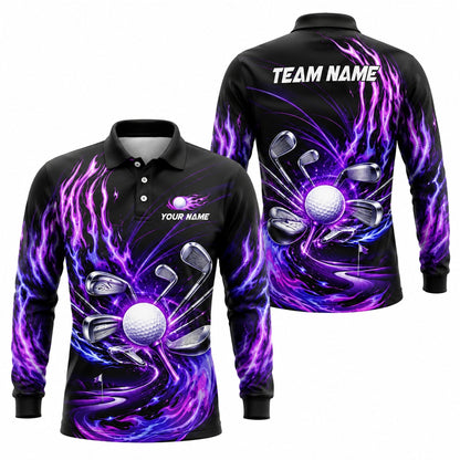 Flaming Golf Ball and Clubs Sport Personalized Golf Polo Shirt Long Sleeve Polo