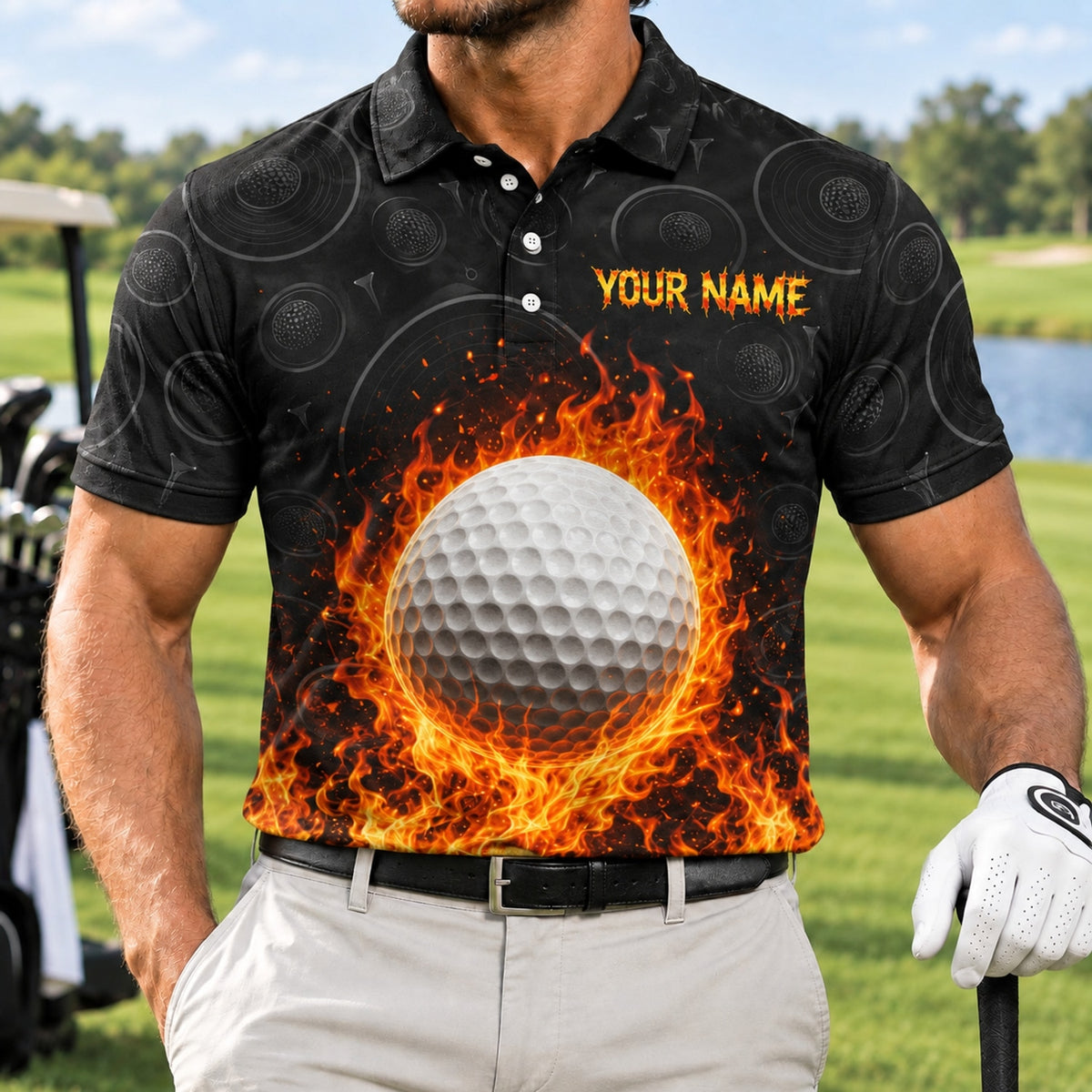 Flaming Golf Ball Graphic Custom Golf Polo Shirt Front View