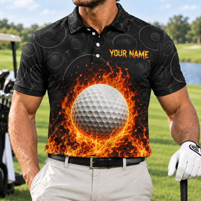 Flaming Golf Ball Graphic Custom Golf Polo Shirt Front View
