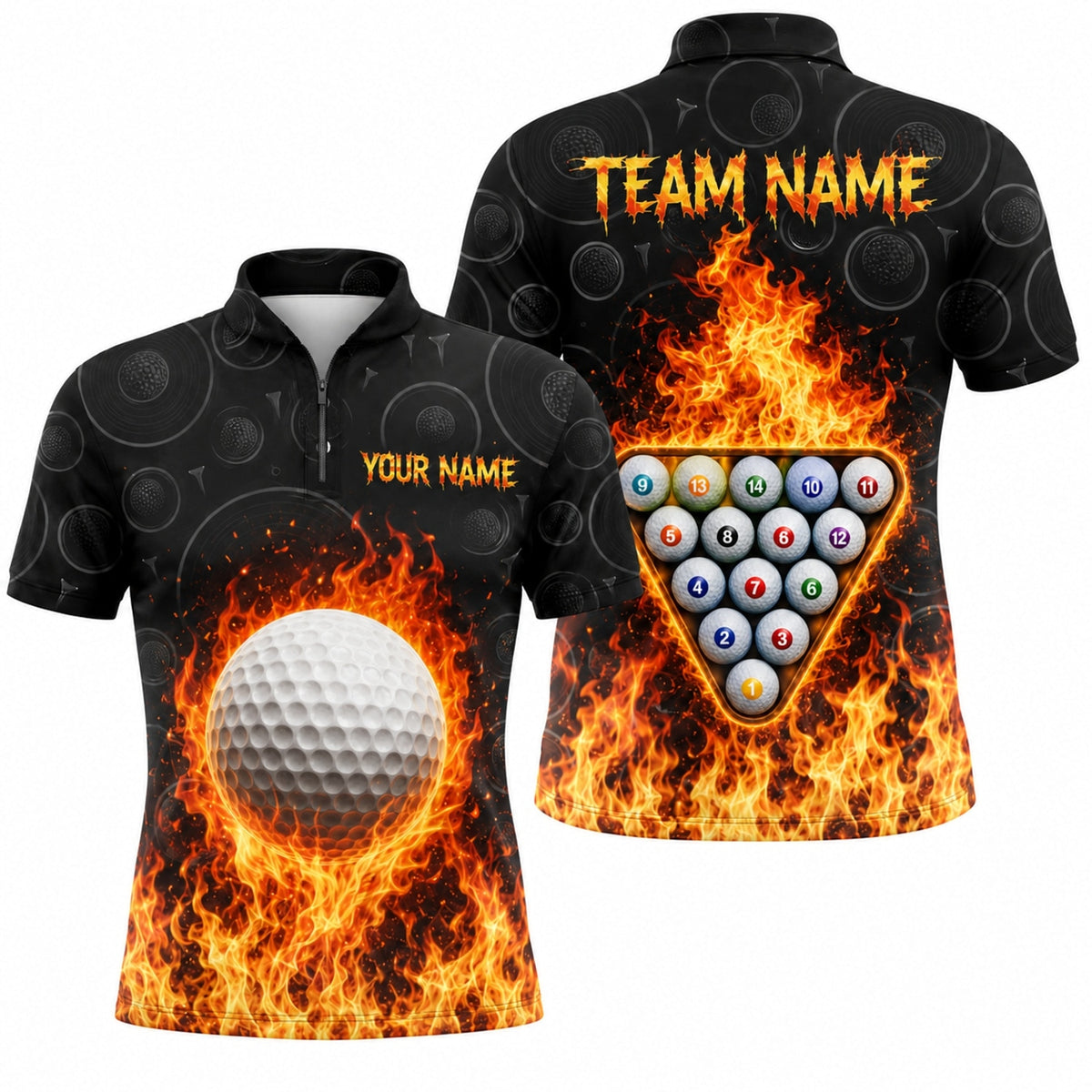 Flaming Golf Ball Graphic Custom Golf Polo Shirt Jersey Zip 1 4 Collar