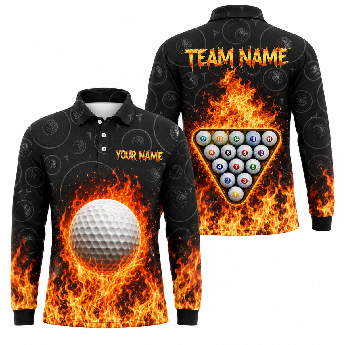 Flaming Golf Ball Graphic Custom Golf Polo Shirt Long Sleeve Polo
