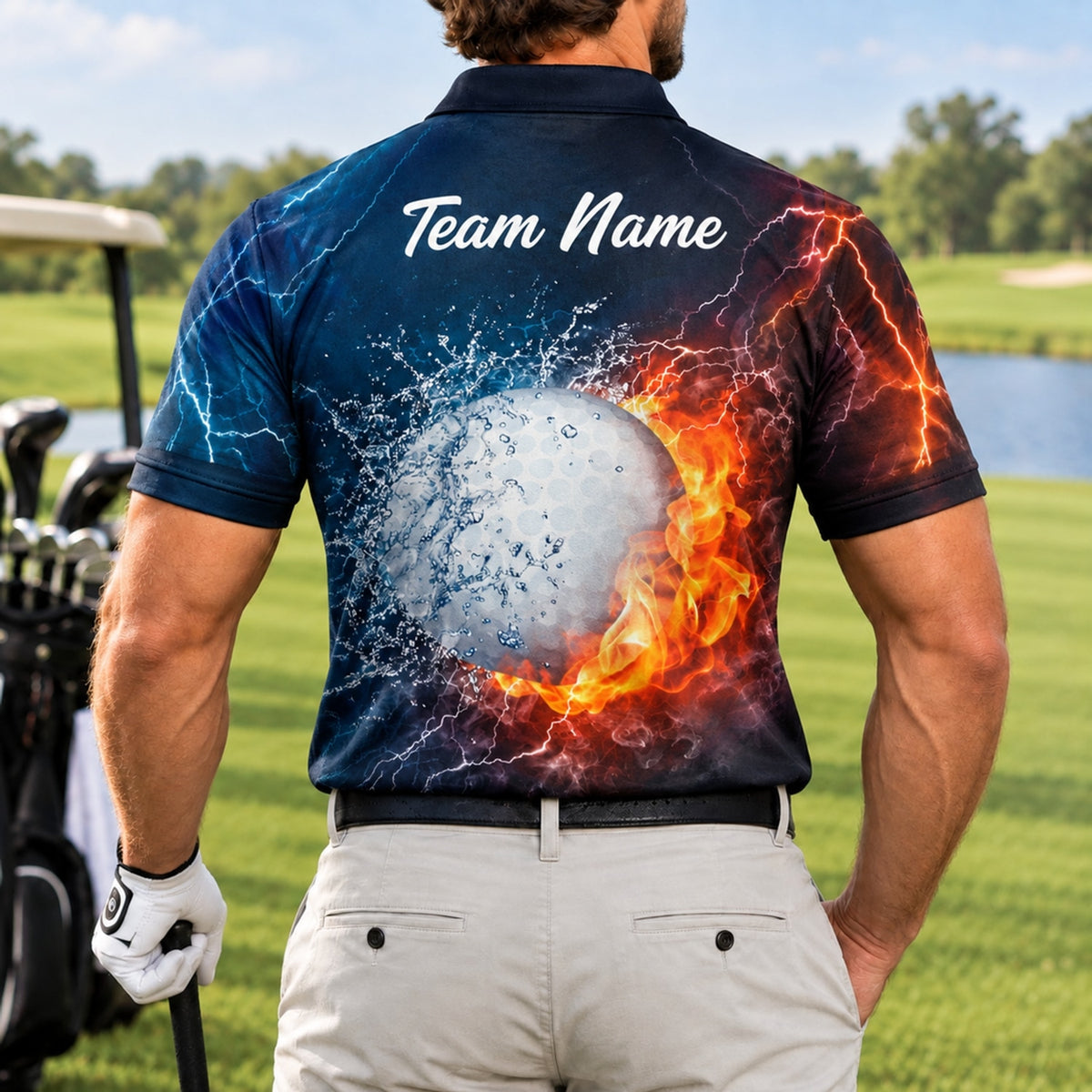 Flaming Golf Ball Lightning Custom Golf Polo Shirt Back View