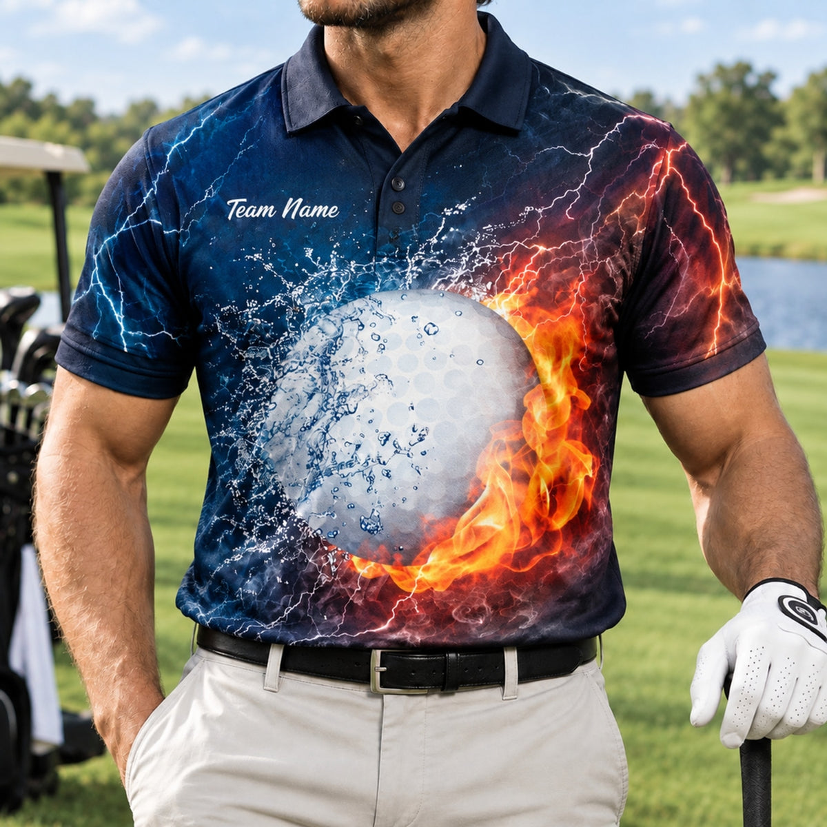 Flaming Golf Ball Lightning Custom Golf Polo Shirt Front View