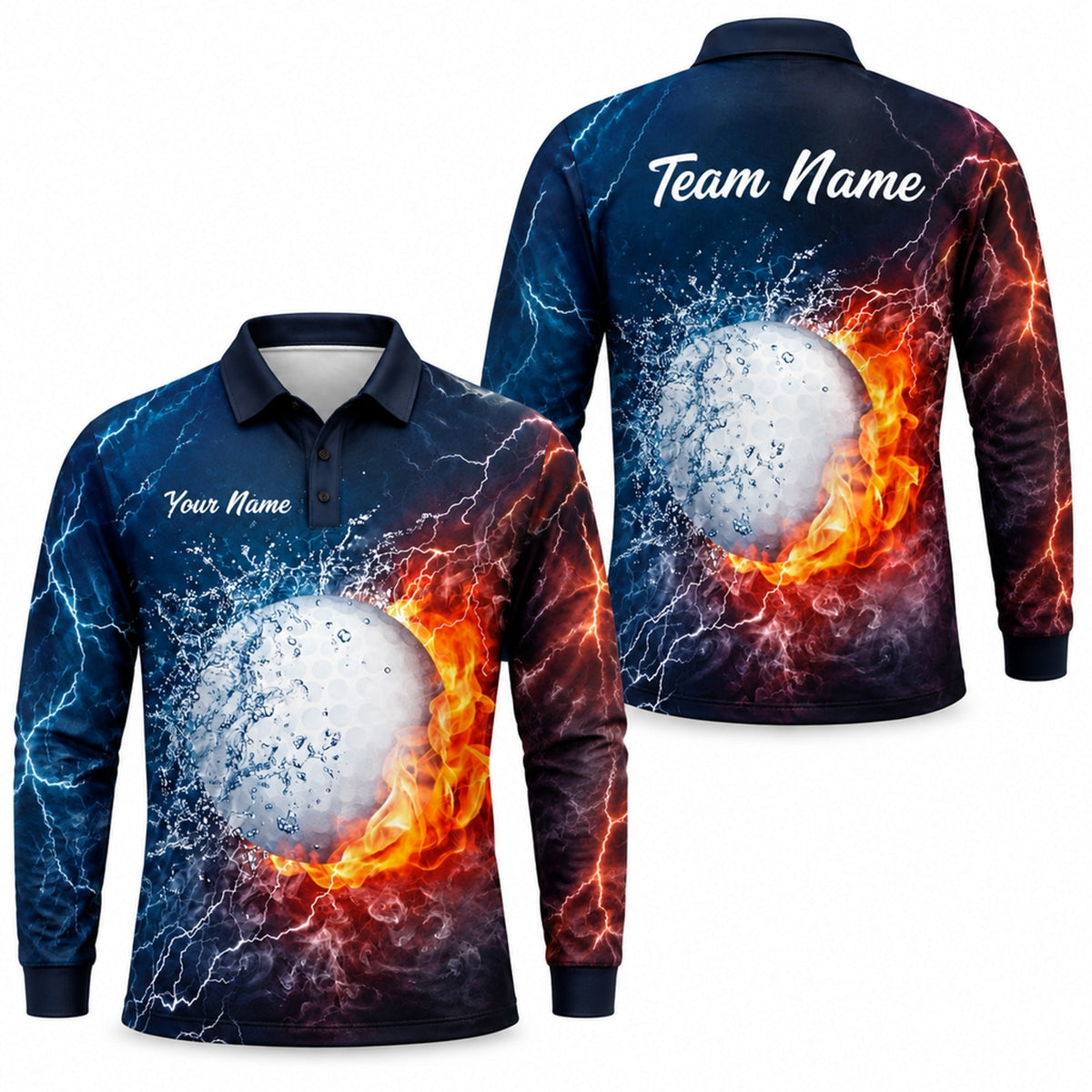 Flaming Golf Ball Lightning Custom Golf Polo Shirt Long Sleeve Polo