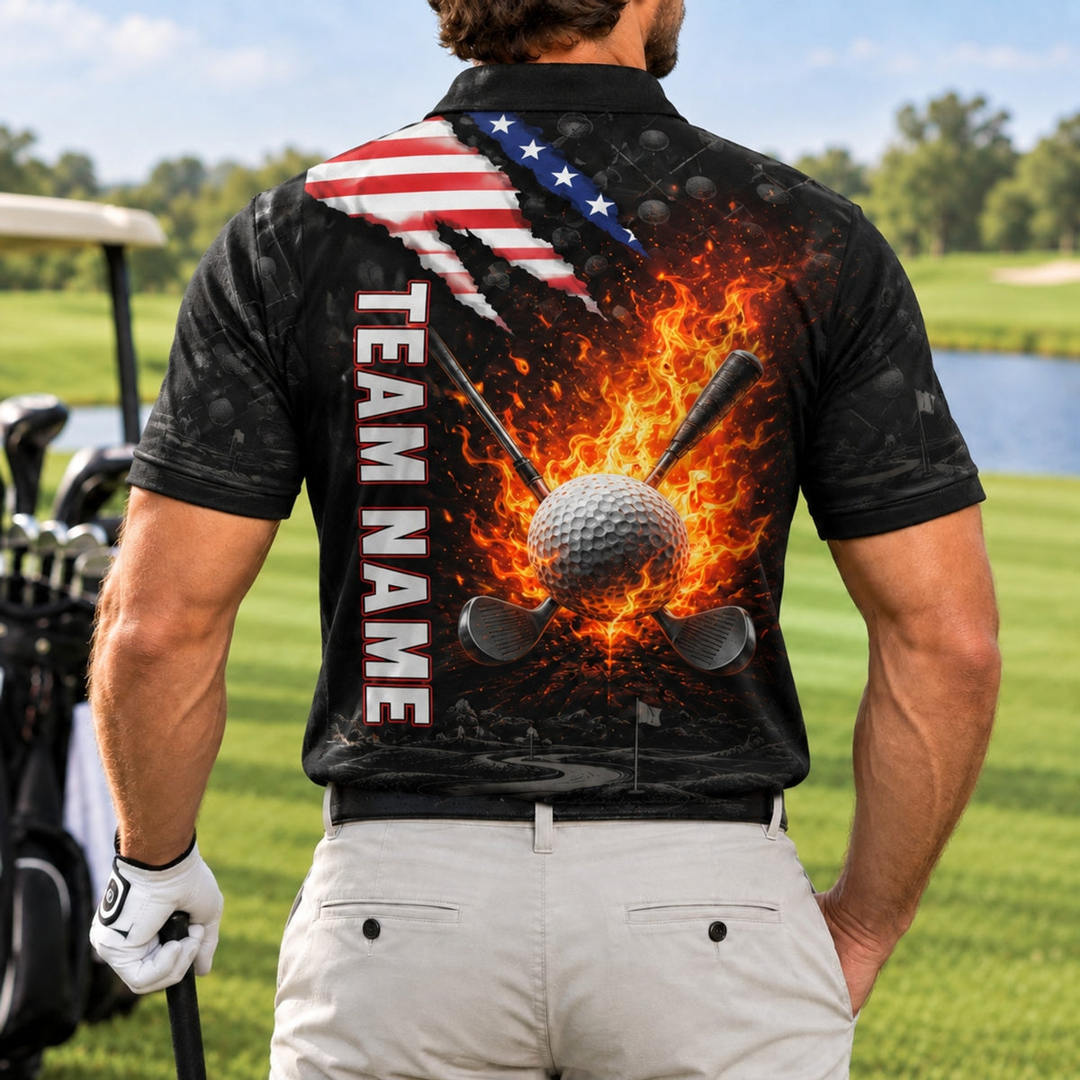 Flaming Golf Ball Sport Custom Golf Polo Shirt Back View
