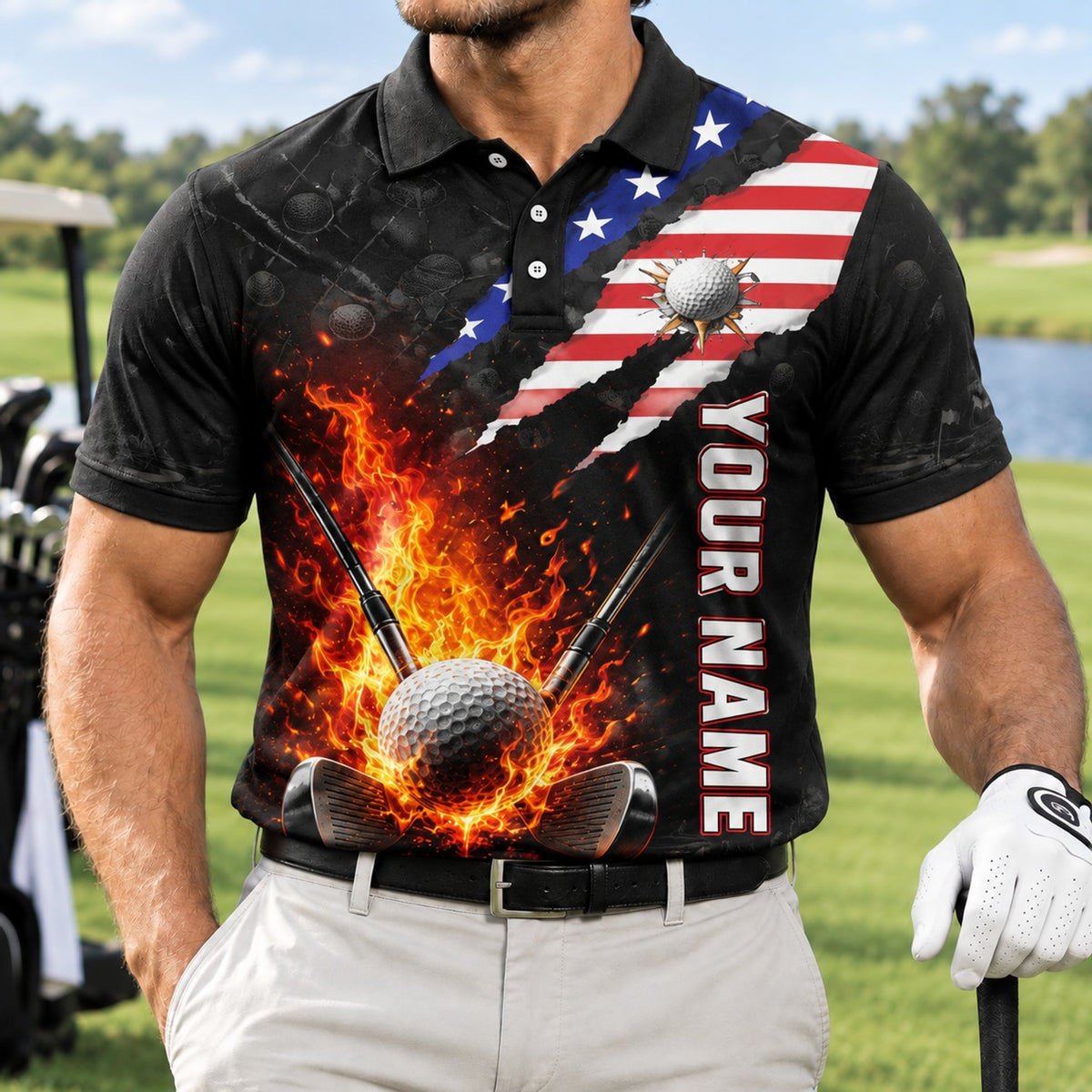 Flaming Golf Ball Sport Custom Golf Polo Shirt Front View