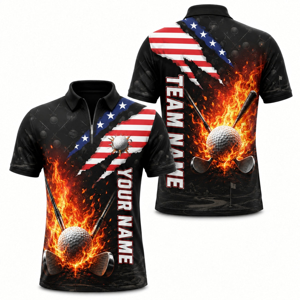 Flaming Golf Ball Sport Custom Golf Polo Shirt Jersey Zip 1 4 Collar