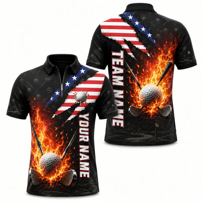 Flaming Golf Ball Sport Custom Golf Polo Shirt Jersey Zip 1 4 Collar