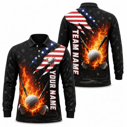 Flaming Golf Ball Sport Custom Golf Polo Shirt Long Sleeve Polo