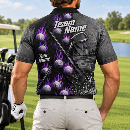 Flaming Golf Balls Graphic Personalized Golf Polo Shirt Back View