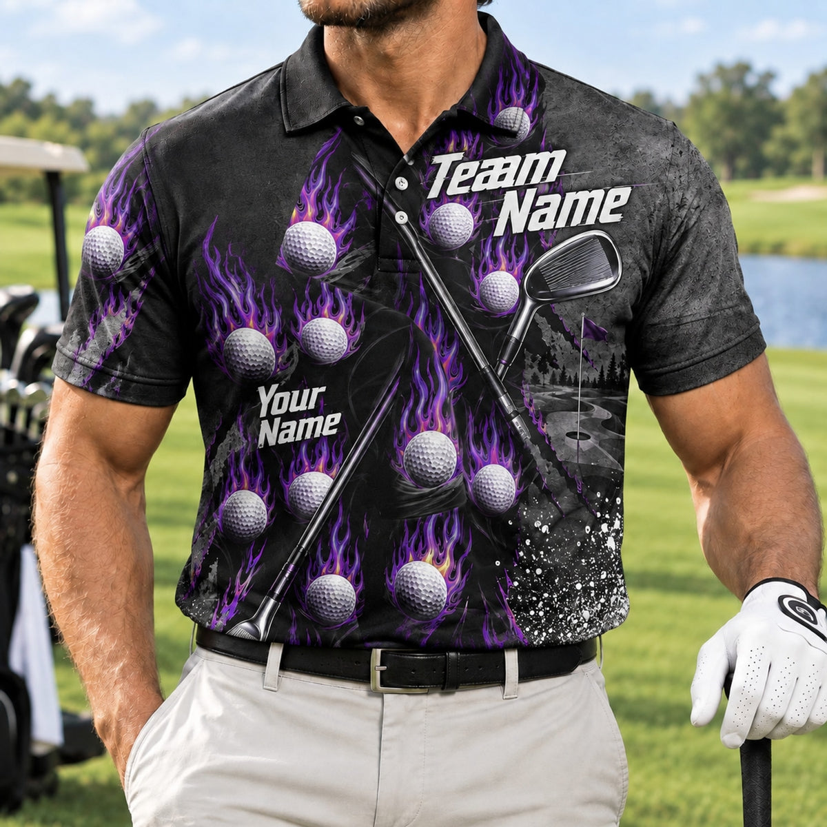 Flaming Golf Balls Graphic Personalized Golf Polo Shirt Front View
