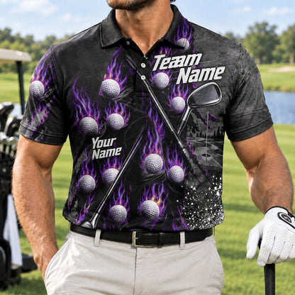 Flaming Golf Balls Graphic Personalized Golf Polo Shirt Front View