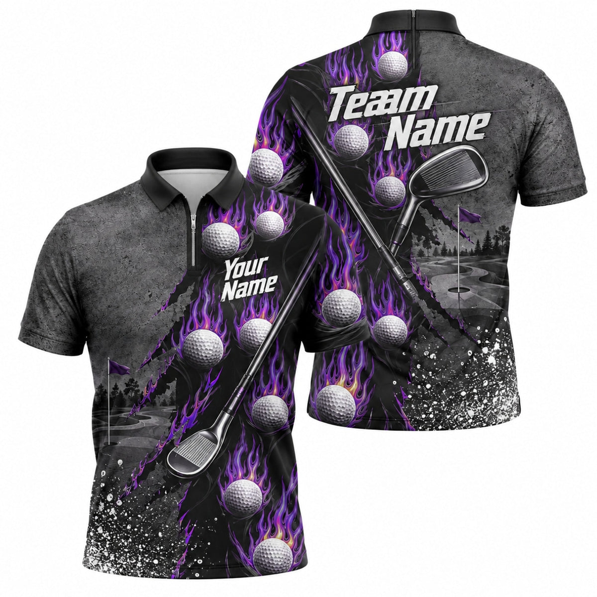 Flaming Golf Balls Graphic Personalized Golf Polo Shirt Jersey Zip 1 4 Collar
