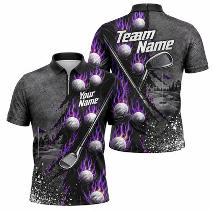 Flaming Golf Balls Graphic Personalized Golf Polo Shirt Jersey Zip 1 4 Collar