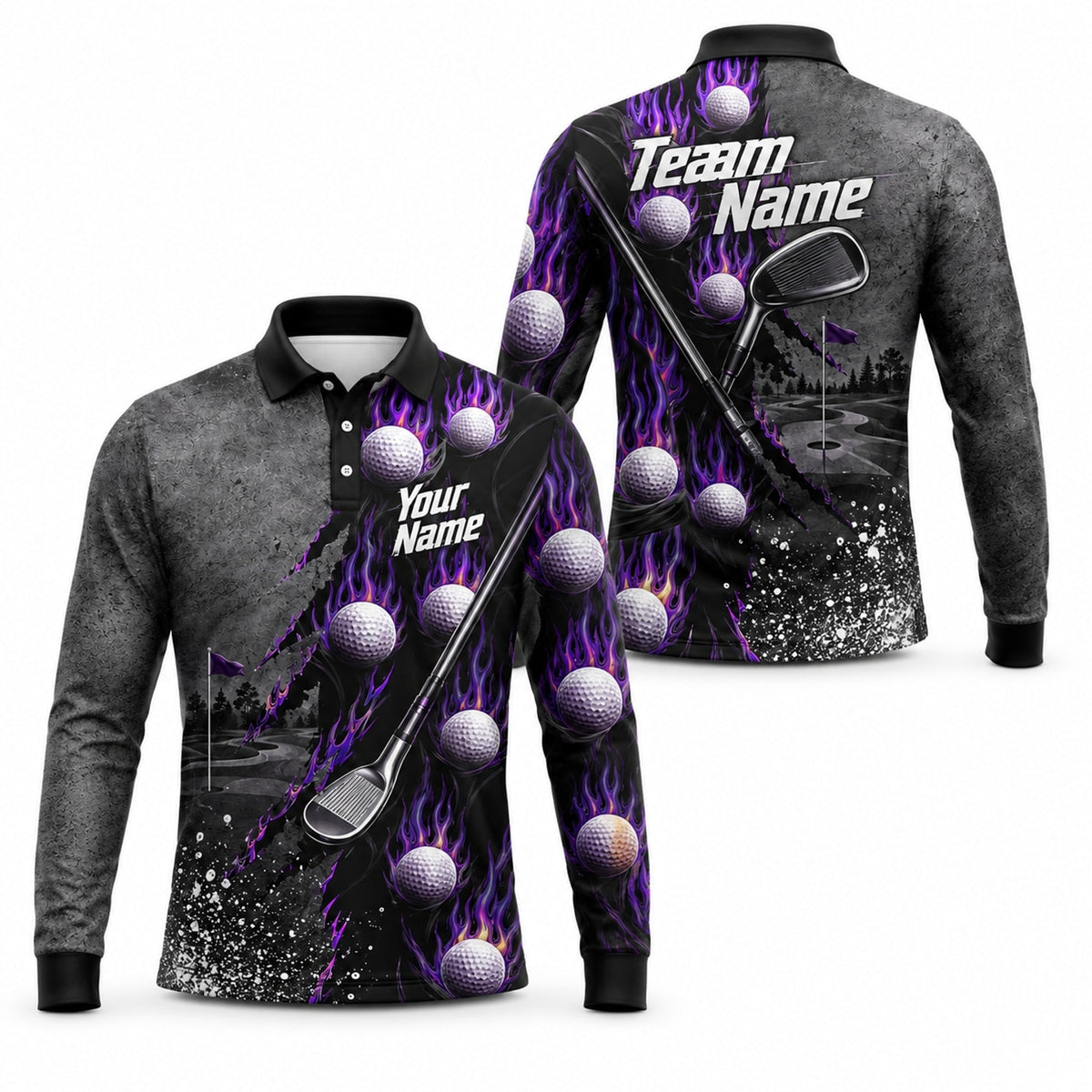 Flaming Golf Balls Graphic Personalized Golf Polo Shirt Long Sleeve Polo