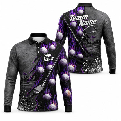 Flaming Golf Balls Graphic Personalized Golf Polo Shirt Long Sleeve Polo