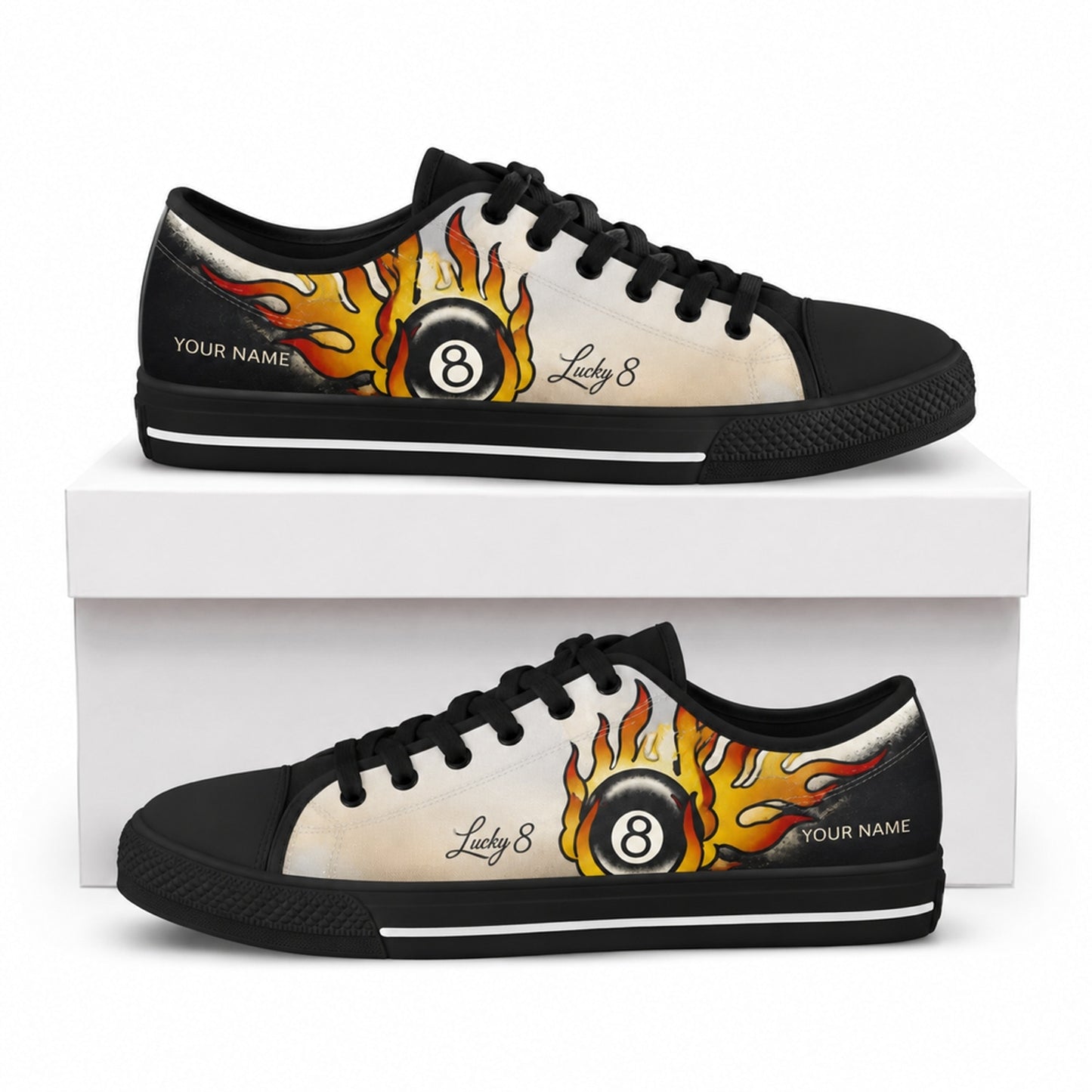 Flaming Lc Eight Ball Graphic Custom Low Top Shoes Box Black