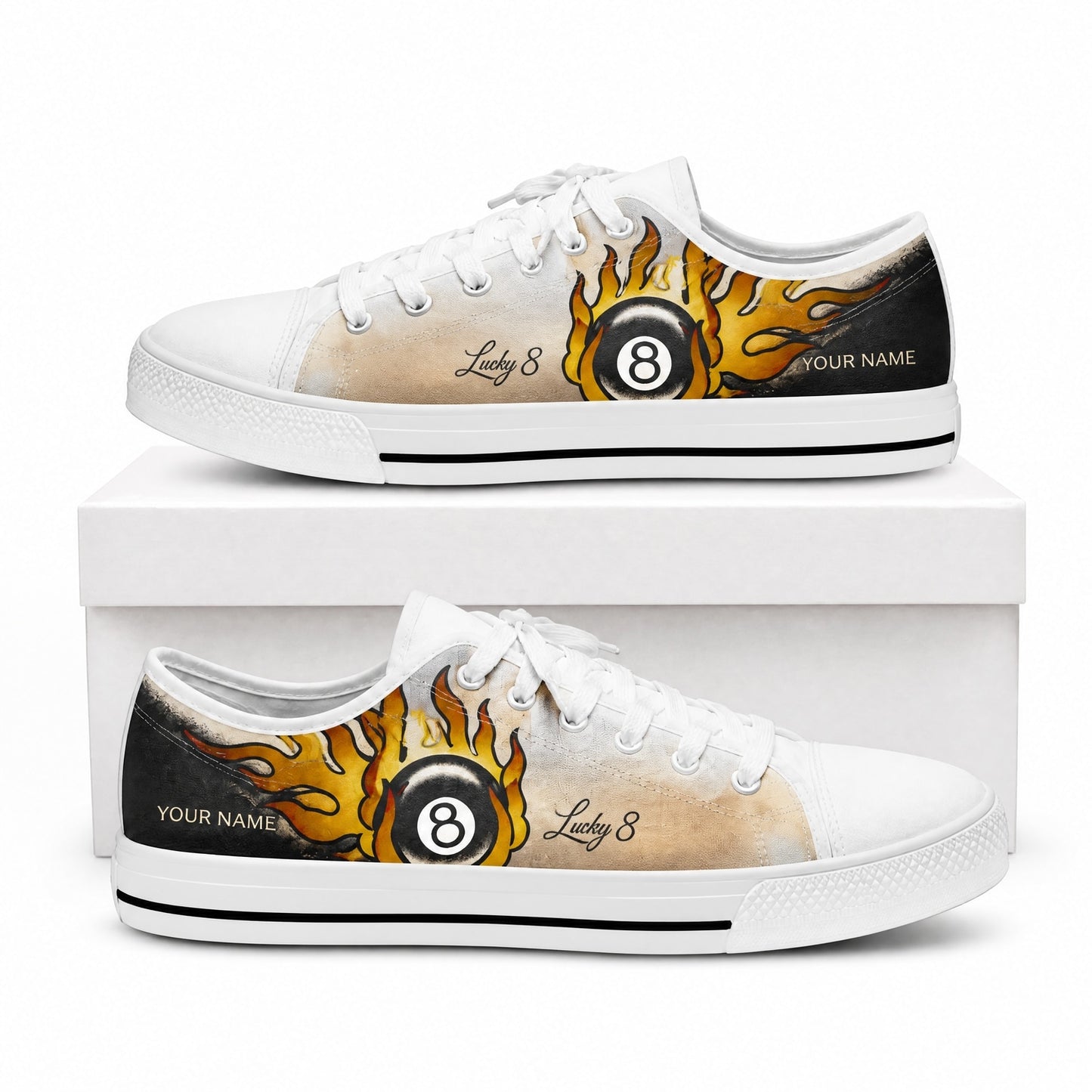 Flaming Lc Eight Ball Graphic Custom Low Top Shoes Box White