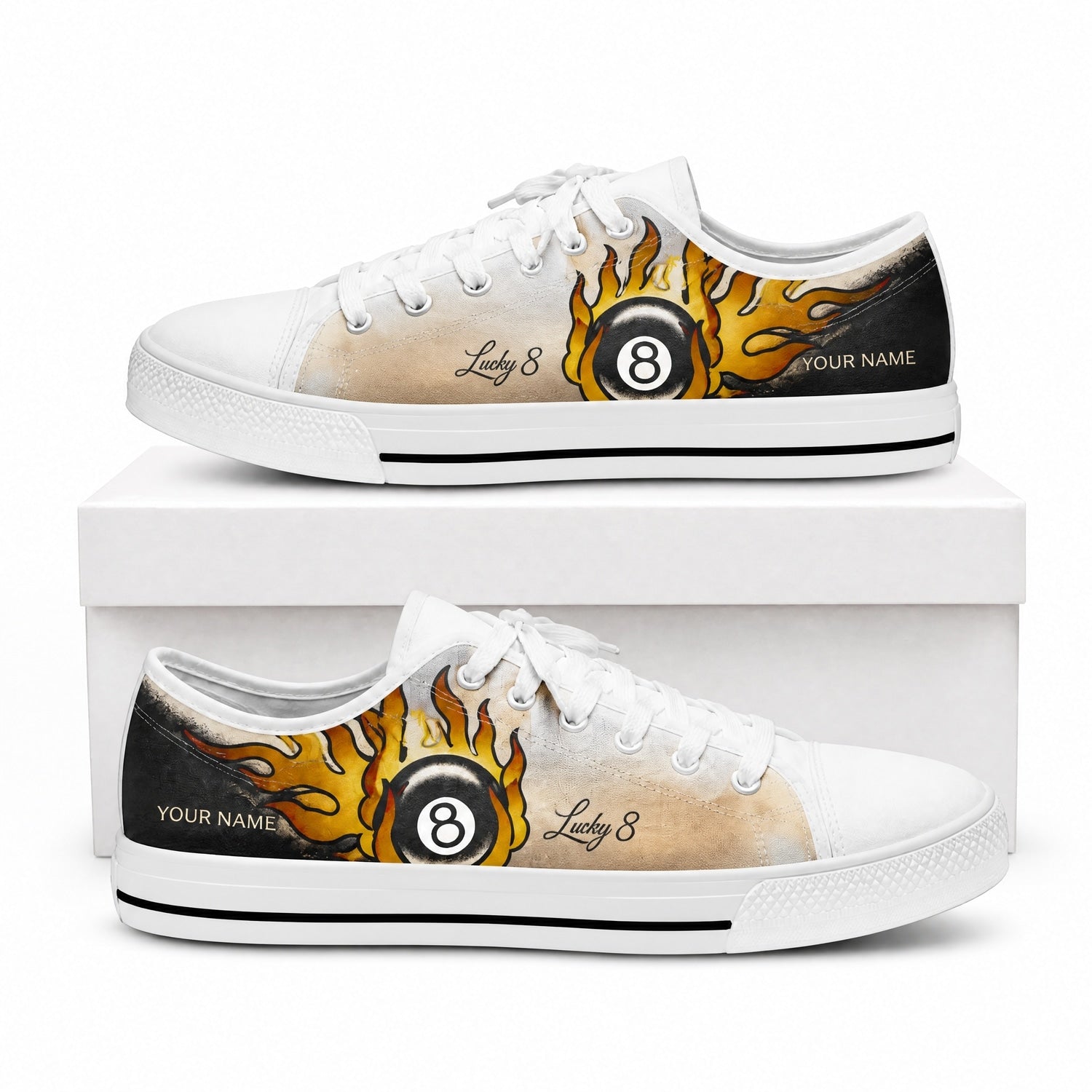 Flaming Lc Eight Ball Graphic Custom Low Top Shoes Box White