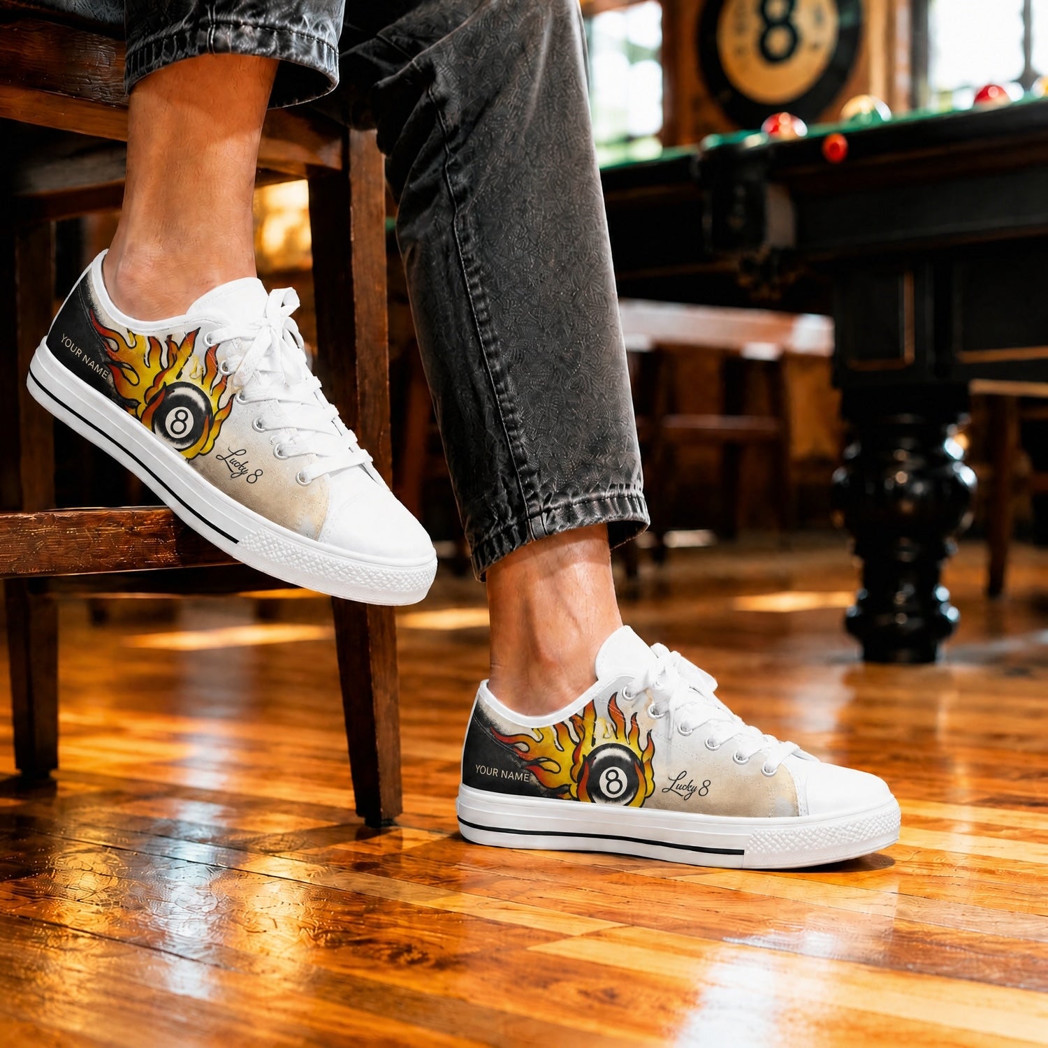Flaming Lc Eight Ball Graphic Custom Low Top Shoes Life Style