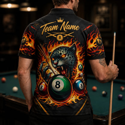 Flaming Leopard 8 Ball Sport Personalized Billiard Polo Shirt Back View