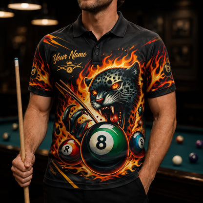Flaming Leopard 8 Ball Sport Personalized Billiard Polo Shirt Front View
