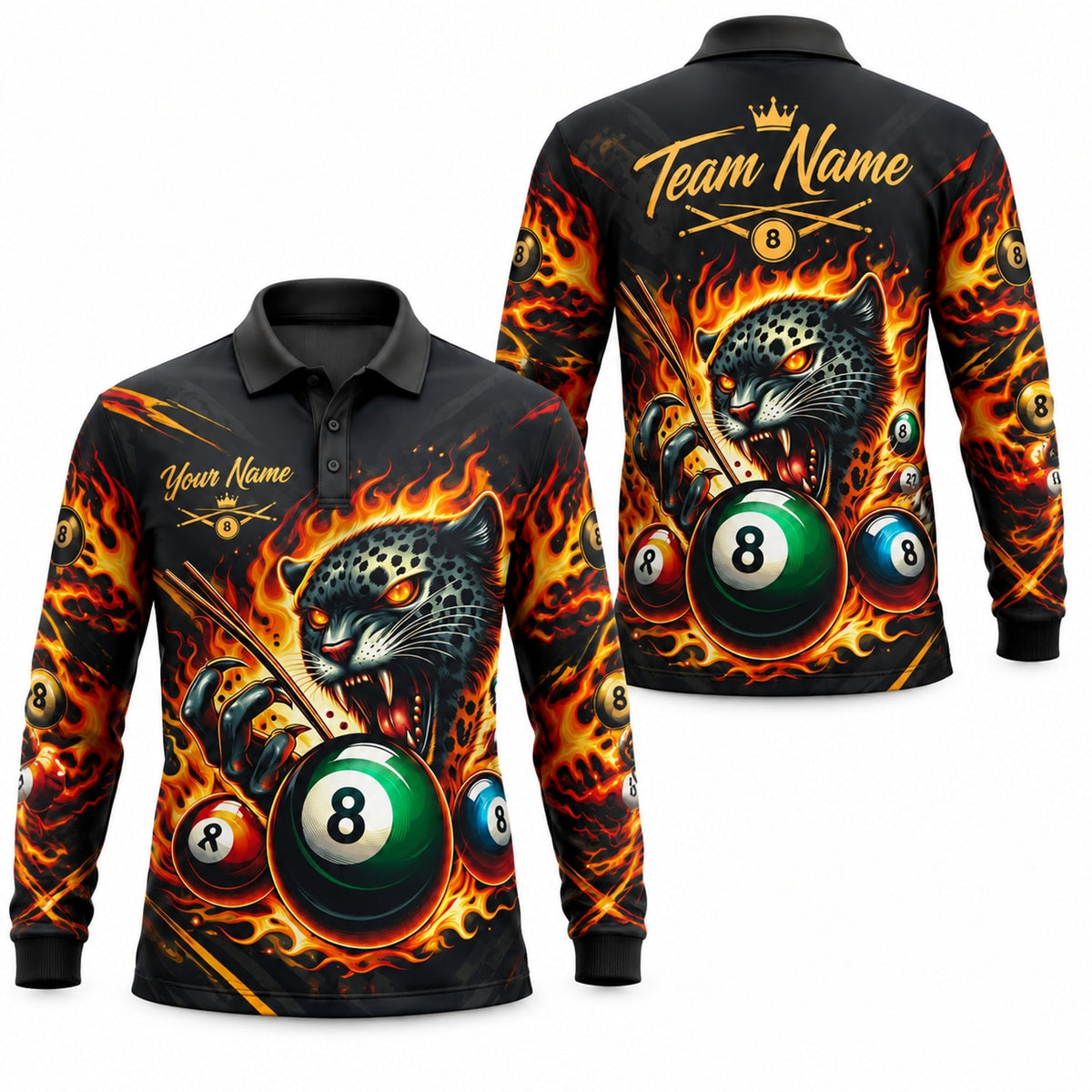 Flaming Leopard 8 Ball Sport Personalized Billiard Polo Shirt Long Sleeve Polo